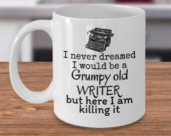 Grumpy old writer - Book lover coffee mug gift for writers - Funny novel author joke - Novelist typewriter symbol gifts - Storytelling gift