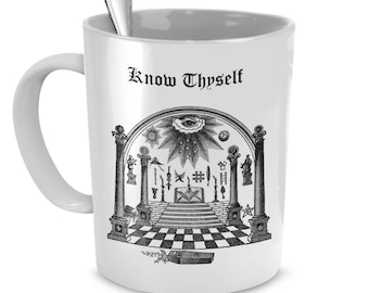 Freemason coffee mug - Know Thyself cup - masonic lodge apron symbol gift