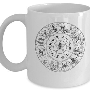 Caneca de café horóscopo - roda arcaica do zodíaco dos signos estelares - mapa estelar esotérico astrológico - mapa natal constelações copo de presente de aniversário