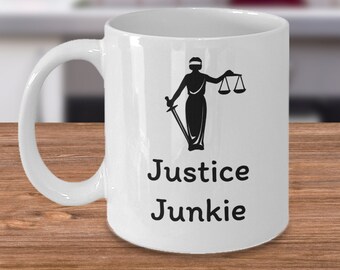 Lawyer coffee mug - Justice junkie - Funny Law degree advocate colleague gift - attorney at law office joke gift cup - Justice scale symbol