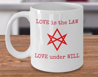 Thelema kaffemugg - Kärlek är lagen Kärlek under vilja - Aleister Crowley magi - Lagens bok - ockult gåva - Thelema gåva Agape