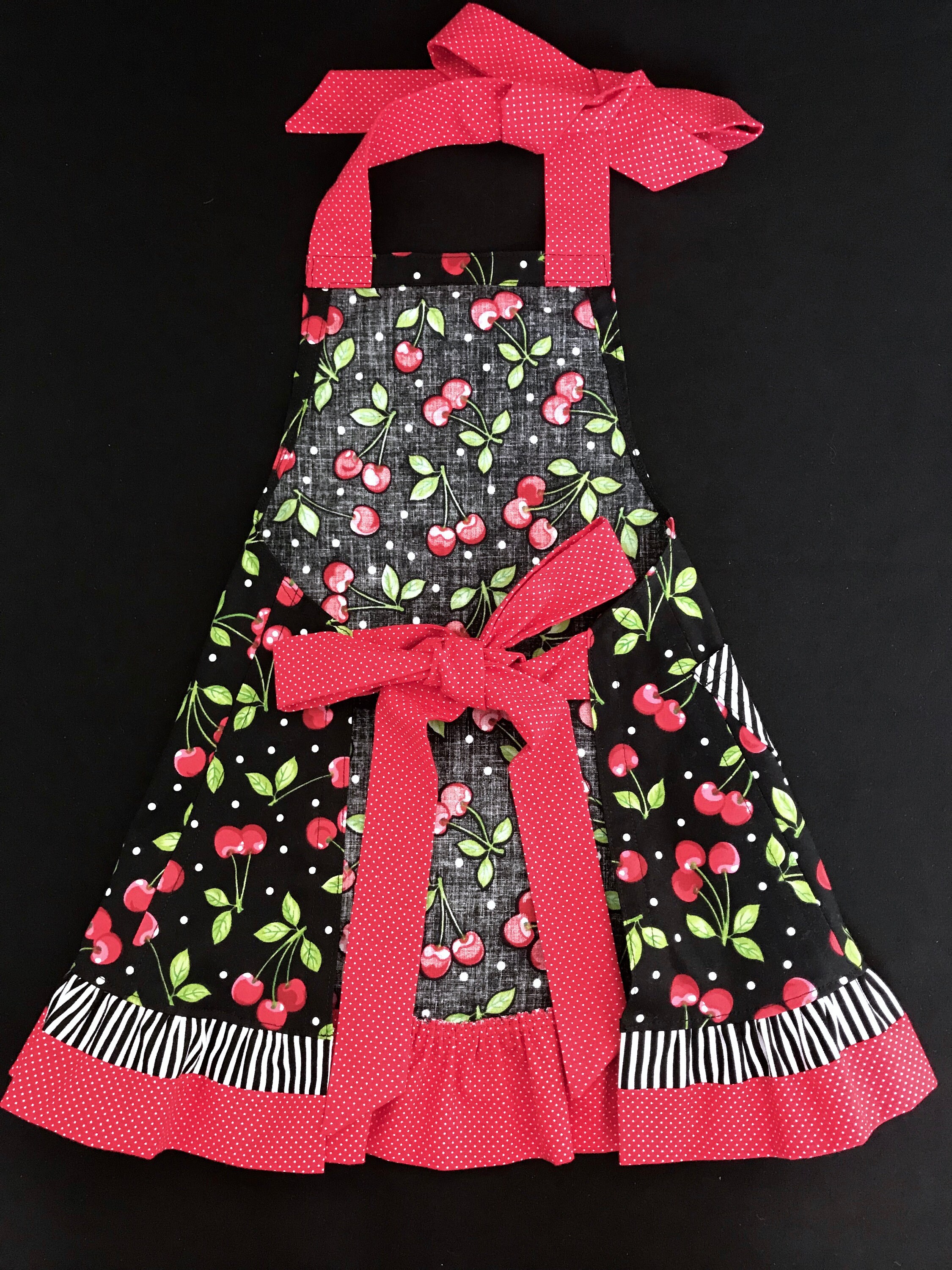 Girl's Apron Cherry Print Apron Ruffled Apron Black and Etsy