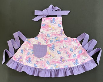 Toddler unicorn print apron, girls unicorn apron, pink & purple apron, kids apron, ruffled apron, bib apron, apron with pocket and ruffle
