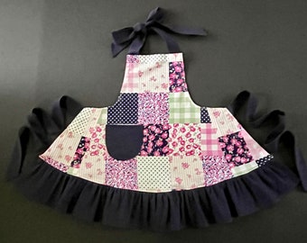 Girls Apron, Toddlers Apron, Patchwork Little Girls Apron, Bib Apron, Ruffled Apron for Girls, Apron with Pocket, Navy & Pink Apron