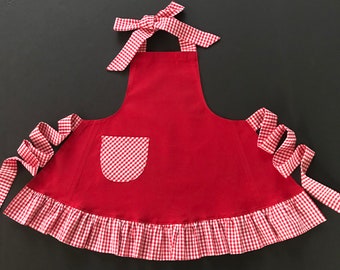 Toddler's Red & White Gingham Apron, Girl's Ruffled Apron, Red Apron with Red/White Gingham Trim, Girl's Bib Apron, Red and White Apron