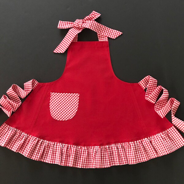 Toddler's Red & White Gingham Apron, Girl's Ruffled Apron, Red Apron with Red/White Gingham Trim, Girl's Bib Apron, Red and White Apron