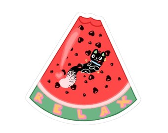 Kiss-Cut Watermelon Cat Sticker: Relax Vinyl Decal (Glossy Finish)