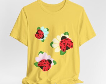 Ladybugs on Floral Cluster Tee | Cute Spring Bug Illustration
