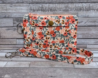 Peach Roses ID Pouch, Zip ID Case, Minimalist Wallet, Coral Peach Floral, Keychain Coin Purse, Wristlet Strap, Made with Rifle Paper Fabric