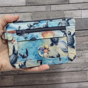 Sea Turtle ID Holder Zipper Wallet - Beachy Coin Purse, Optional Wristlet Strap