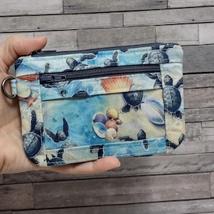 Cartera con cremallera para identificación con diseño de tortuga marina, porta identificación oceánico, tarjetero playero, monedero minimalista / Correa de muñeca opcional