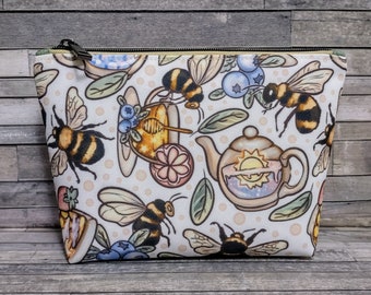 Honey Bee Pouch / Honeycomb Makeup Bag / Bee Lover Gift / Teapots and Bees