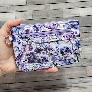 Purple Floral ID Pouch with Window - Botanical Keychain Coin Purse, Optional Wristlet Strap