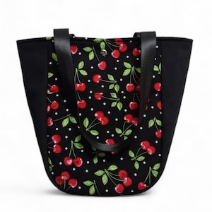 Small Cherry Tote / Red Cherries Purse / Cherry Project Bag / Small Shoulder Bag Tote / Cherry Lover Gift image 1