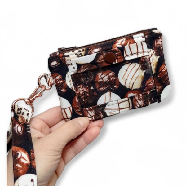 Chocolate ID Pouch, Zip ID Case, Minimalist Wallet, Chocolate Candy Fabric Keychain Coin Purse, Includes Wristlet Strap