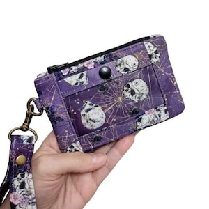 Skull ID Holder, Zip ID Case, Minimalist Wrist Wallet, Purple Spiders And Skulls, Keychain Coin Purse, Includes Wristlet Strap