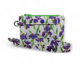 Iris ID Holder, Zip ID Case, Minimalist Wrist Wallet, Purple Iris Flowers, Keychain Coin Purse, Includes Wristlet Strap