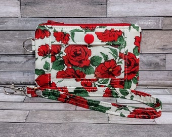Rose ID Holder, Zip ID Case, Minimalist Wallet, Red Rose Gift, Keychain Coin Purse Wallet, Includes Wristlet Strap