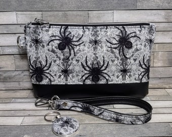 Spider Wristlet / Handmade Arachnid  Pouch / Macabre Spider Zip Bag / Inside Card Slots / Matching Keychain