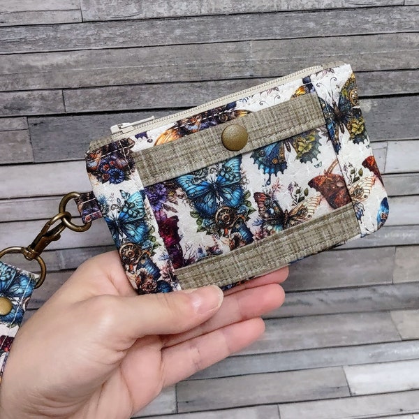 Steampunk Butterfly ID Pouch, Zip ID Case, Minimalist Wallet, Butterflies Badge Holder, Keychain Coin Purse Includes Wristlet Strap