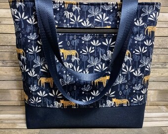 Tiger Bag / Tiger Small Shoulder Bag Tote Purse / Navy Tiger Handbag / Cotton Tiger Fabric and Navy Waterproof Canvas