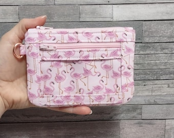 Flamingo ID Pouch Wallet - Handmade Zip Card Case, Pink Bird Coin Purse, Add-on Wristlet
