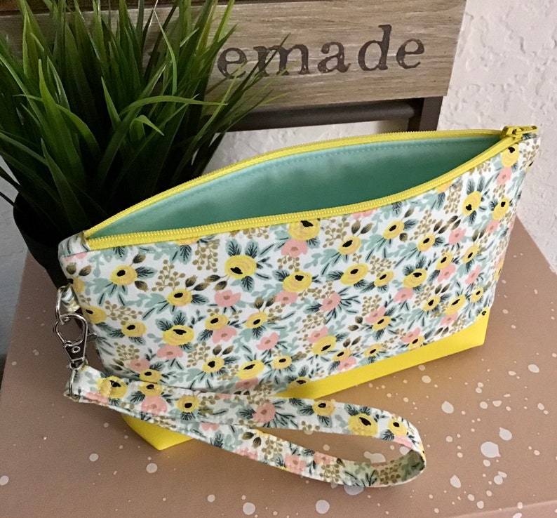 Flower Pouch Yellow Floral Wristlet Made With Rifle Paper Rose Fabric and Yellow Vinyl