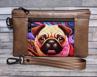 Pug Wristlet, Double Zip Pug Dog Bag, Cute Pug Gift, Small Pug Clutch, Inside Card Slots