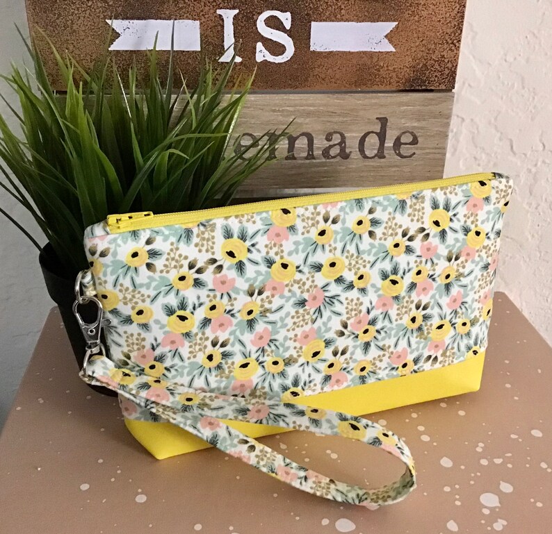 Flower Pouch Yellow Floral Wristlet Made With Rifle Paper Rose Fabric and Yellow Vinyl