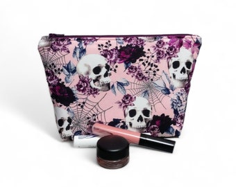 Skulls and Flowers Gothic Makeup Bag / Skulls Soft Pink Purple Blue Fabric Zipper Pouch