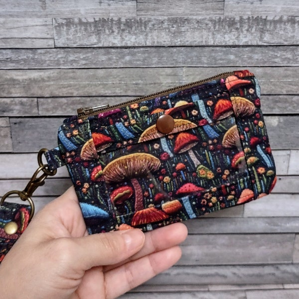 Mushroom ID Pouch, Zip ID Case, Minimalist Wallet, Pretty Mushrooms Rainbow Mushrooms, Keychain Coin Purse, Includes Wristlet Strap