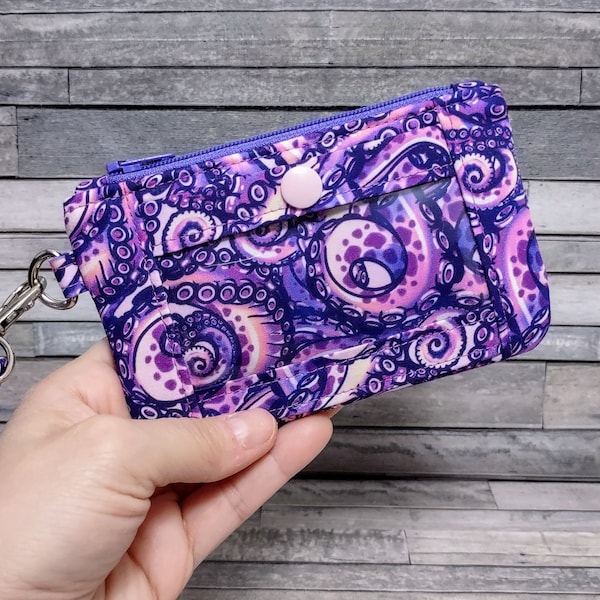 Octopus ID Pouch, Zip ID Case, Minimalist Wallet, Purple Tentacles, Keychain Coin Purse, Includes Wristlet Strap