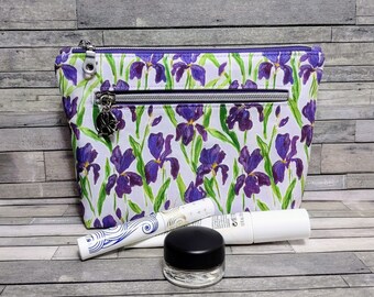 Iris Makeup Bag / Purple Iris Pouch / Double Zip Iris Flower Upgraded Beauty Bag / Gift for Mom