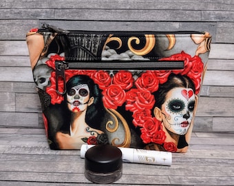 Skulls and Tattoos Makeup Bag / Macabre Zipper Pouch / Dark Gothic Double Zip Beauty Bag