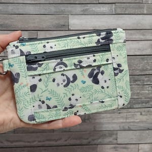 Panda ID Pouch - Mint Panda Print Fabric Card Case, Minimalist Wallet, Optional Wrist Strap