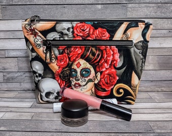 Skulls and Tattoos Makeup Bag / Rose Macabre Zipper Pouch / Dark Gothic Double Zip Beauty Bag