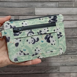 Portadocumentos con diseño de panda y cremalleras dobles / Monedero y monedero con diseño de panda en color menta / Bonita bolsa de tela con correa de muñeca opcional
