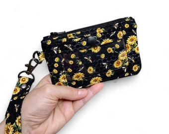 Bee ID Pouch, Zip ID Case, Minimalist Wallet, Honeybees and Sunflowers, Keychain Coin Purse, Includes Wristlet Strap