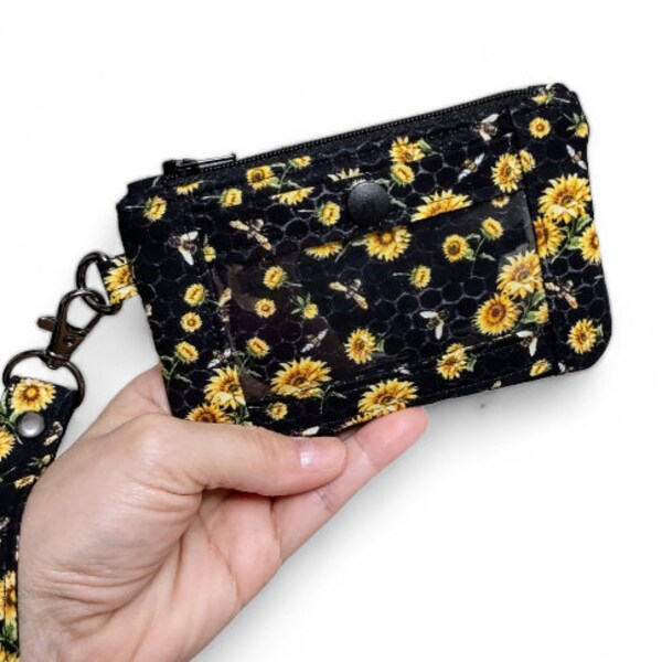 Bee ID Pouch, Zip ID Case, Minimalist Wallet, Honeybees and Sunflowers, Keychain Coin Purse, Includes Wristlet Strap