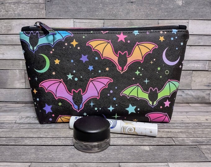 Bat Gothic Makeup Bag / Cute Neon Bats Small Vinyl Zipper Pouch
