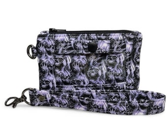 Skull ID Holder, Zip ID Case, Minimalist Wrist Wallet, Screaming Skulls, Keychain Coin Purse, Includes Wristlet Strap