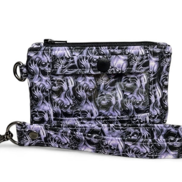 Skull ID Holder, Zip ID Case, Minimalist Wrist Wallet, Screaming Skulls, Keychain Coin Purse, Includes Wristlet Strap