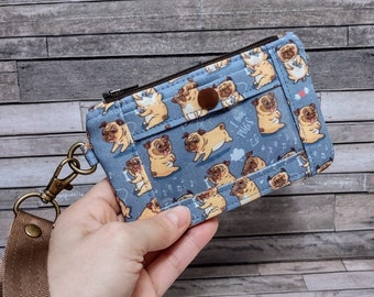 Pug ID Pouch, Zip ID Case, Minimalist Wallet, Dog Pug Cute Card Carrier, Keychain Coin Purse, Includes Wristlet Strap