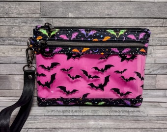 Bat Bag / Cute Neon Bats Zipper Pouch / Rainbow Bats / Vinyl Bat Front Pocket / Wristlet Strap