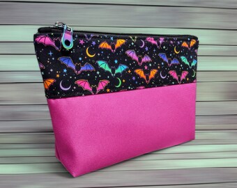 Bat Zip Pouch / Rainbow Neon Bats Canvas Pouch / Colorful Bat Lover Gift / Makeup Bag