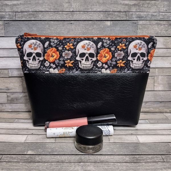 Skulls Gothic Zipper Bag / Skulls Pouch / Black Vinyl Base Cosmetics Zip Bag / Gothic Gift