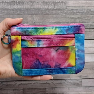 Cartera de identificación hecha a mano con cremallera, tela batik teñida, monedero y tarjetero, cartera pequeña con colores arcoíris, regalo.