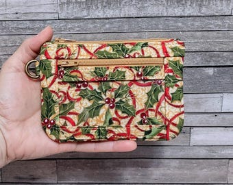 Christmas Holly ID Holder - Optional Wrist Strap, Holiday Zipper Wallet, Festive Gift Card Pouch