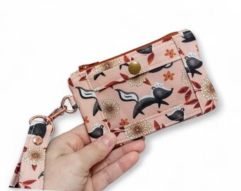 Skunk ID Holder, Zip ID Case, Minimalist Wallet, Cute Skunk Gift, Keychain Coin Purse Wallet, Includes Wristlet Strap