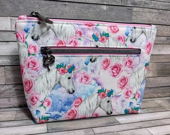 Unicorn Gift / Unicorn Makeup Bag / Floral Fantasy Pouch / Double Zipper Style